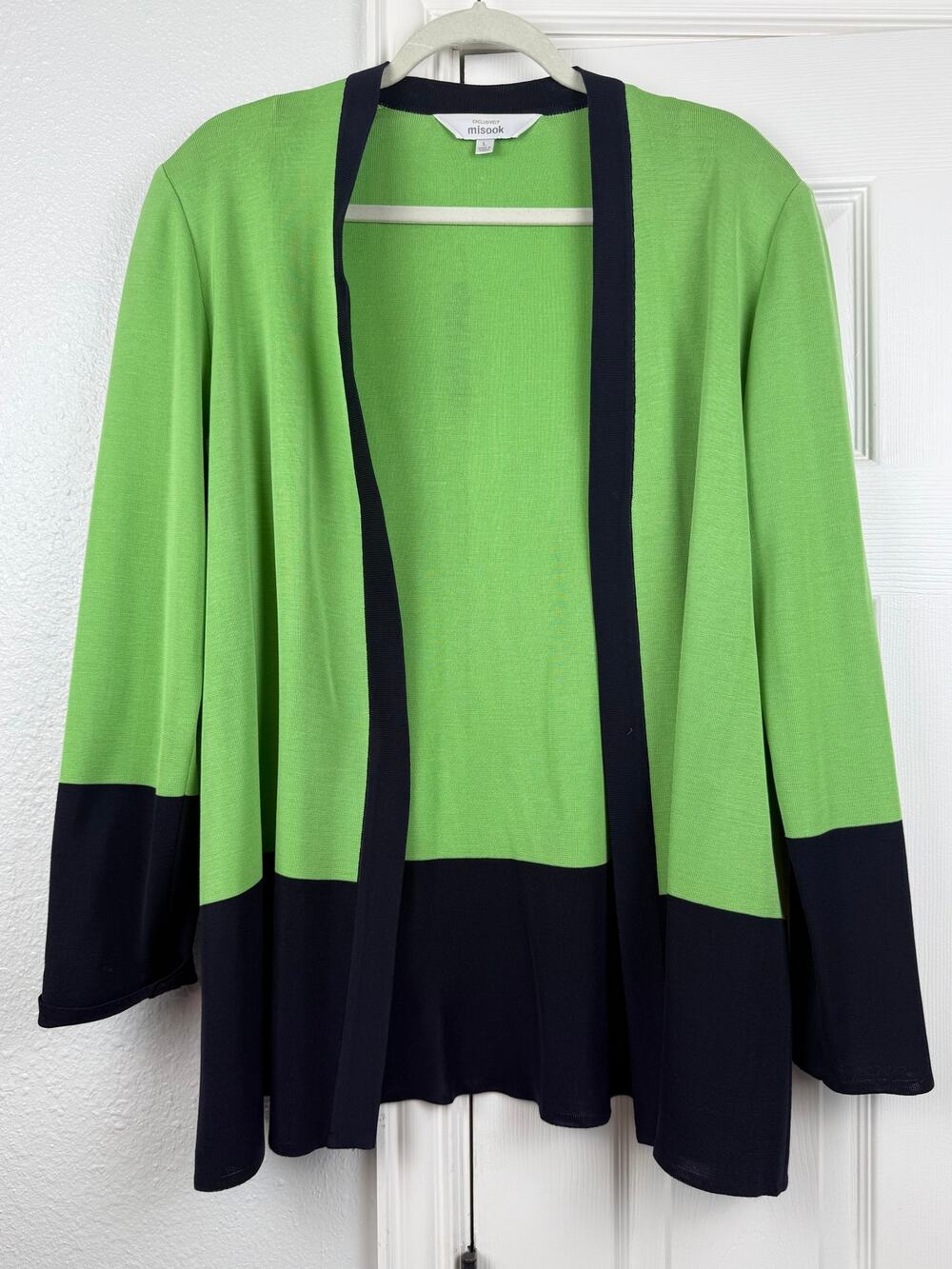 Misook Womens Colorblock Trim Cardigan Size Large Green Navy Career Statement